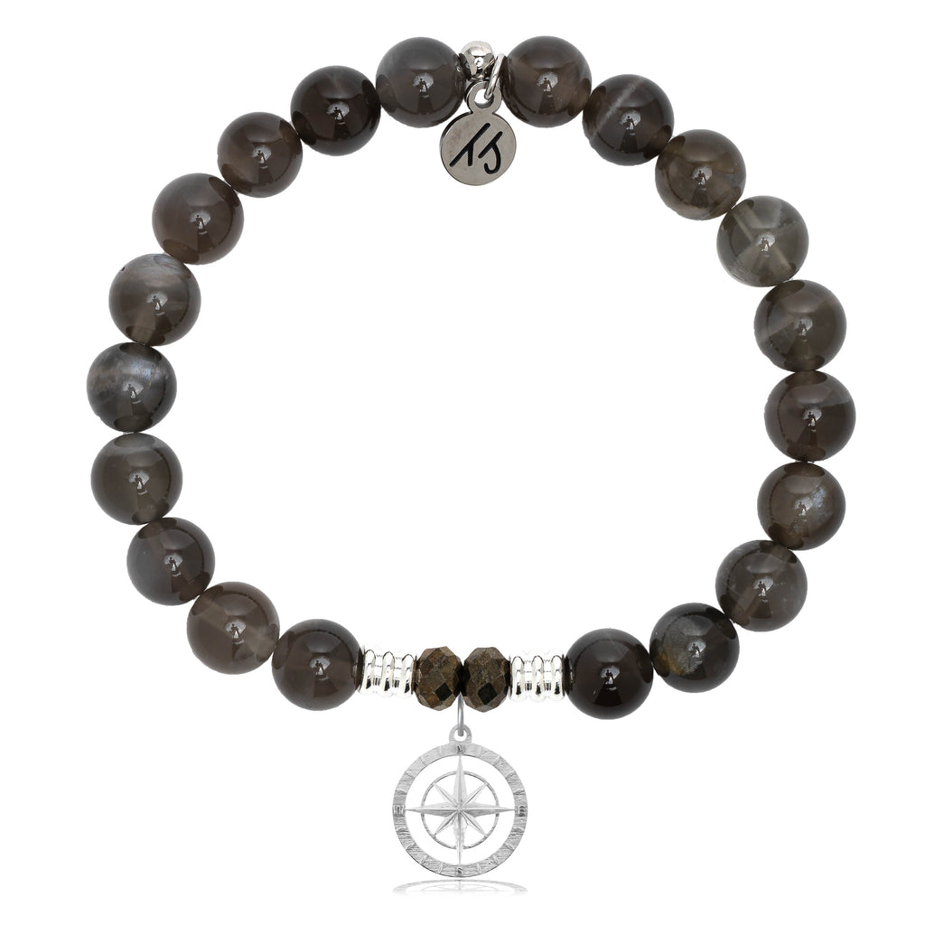 Black Moonstone Stone Bracelet with Compass Rose Sterling Silver Charm