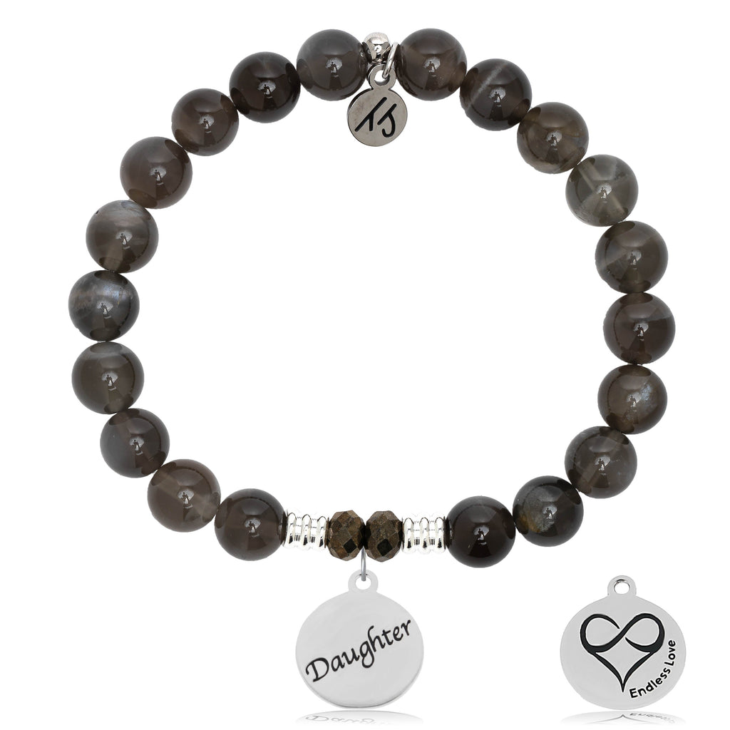 Black Moonstone Stone Bracelet with Daughter Sterling Silver Charm