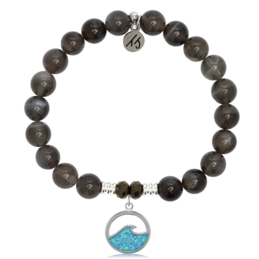 Black Moonstone Stone Bracelet with Deep as the Ocean Sterling Silver Charm