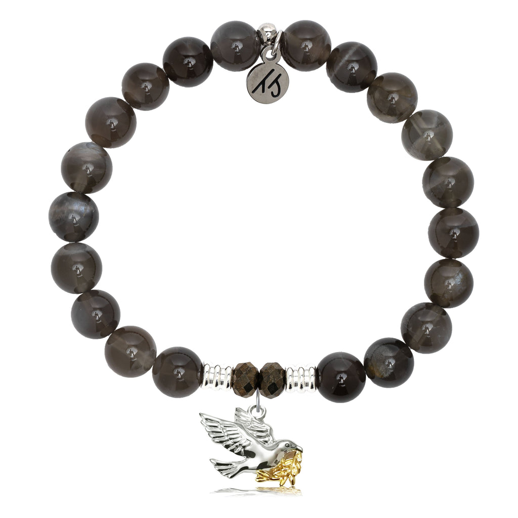 Black Moonstone Stone Bracelet with Dove Sterling Silver Charm