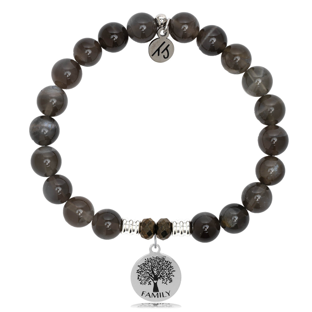 Black Moonstone Stone Bracelet with Family Tree Sterling Silver Charm