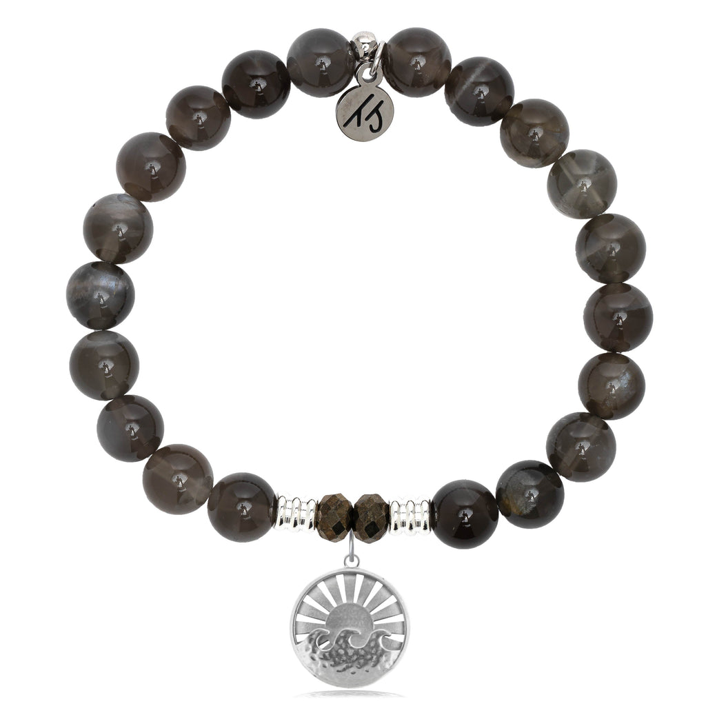 Black Moonstone Stone Bracelet with Go with the Waves Sterling Silver Charm