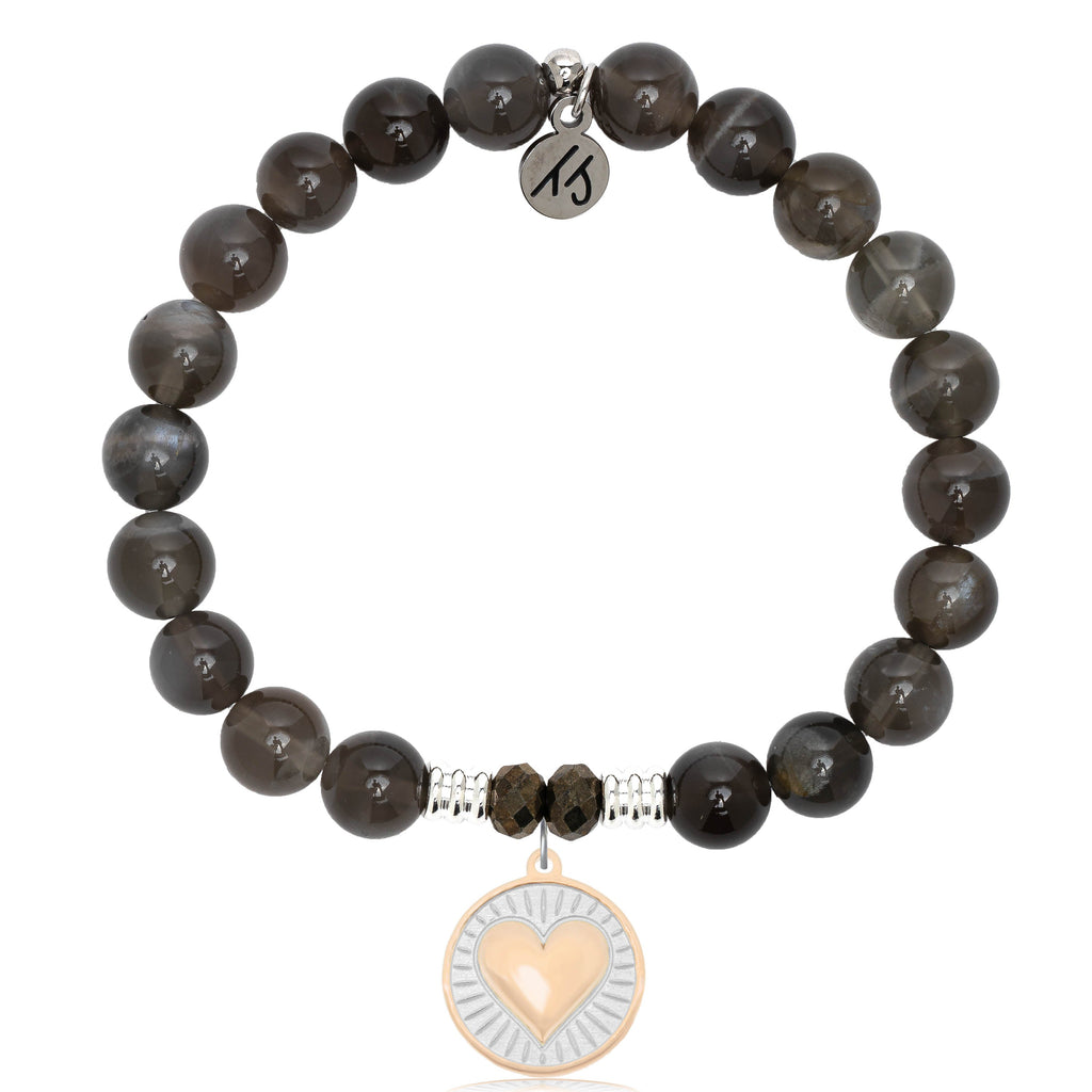 Black Moonstone Stone Bracelet with Heart of Gold Sterling Silver Charm