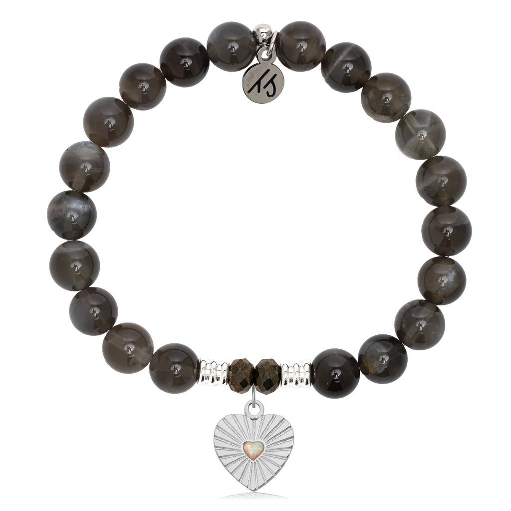 Black Moonstone Stone Bracelet with Heart Sterling Silver Charm