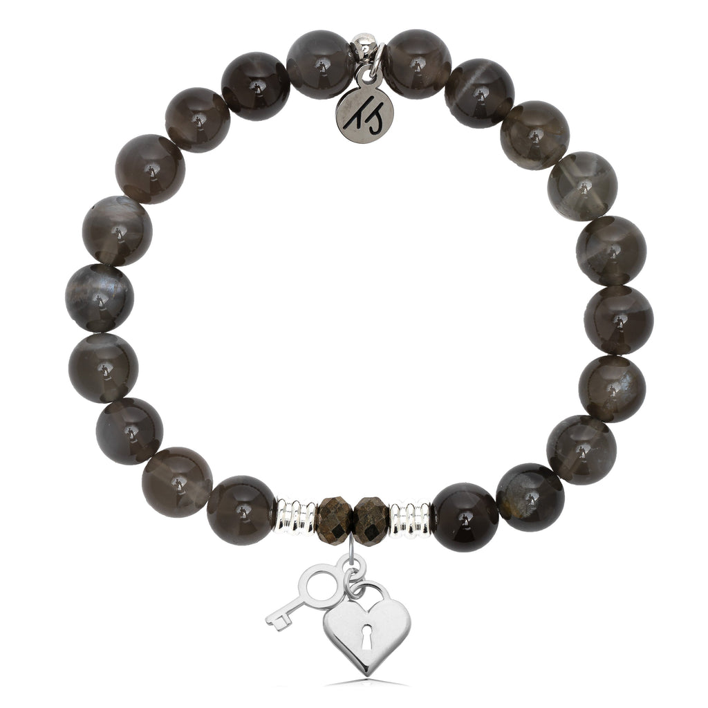 Black Moonstone Stone Bracelet with Key to my Heart Sterling Silver Charm