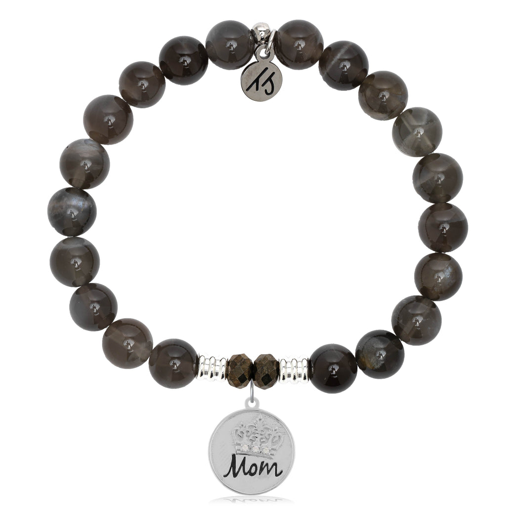 Black Moonstone Stone Bracelet with Mom Crown Sterling Silver Charm