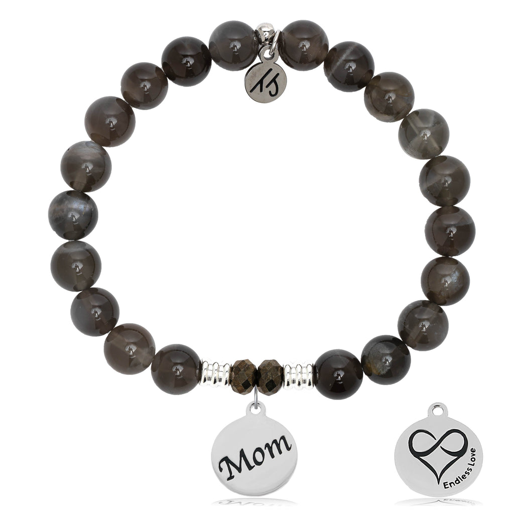 Black Moonstone Stone Bracelet with Mom Sterling Silver Charm