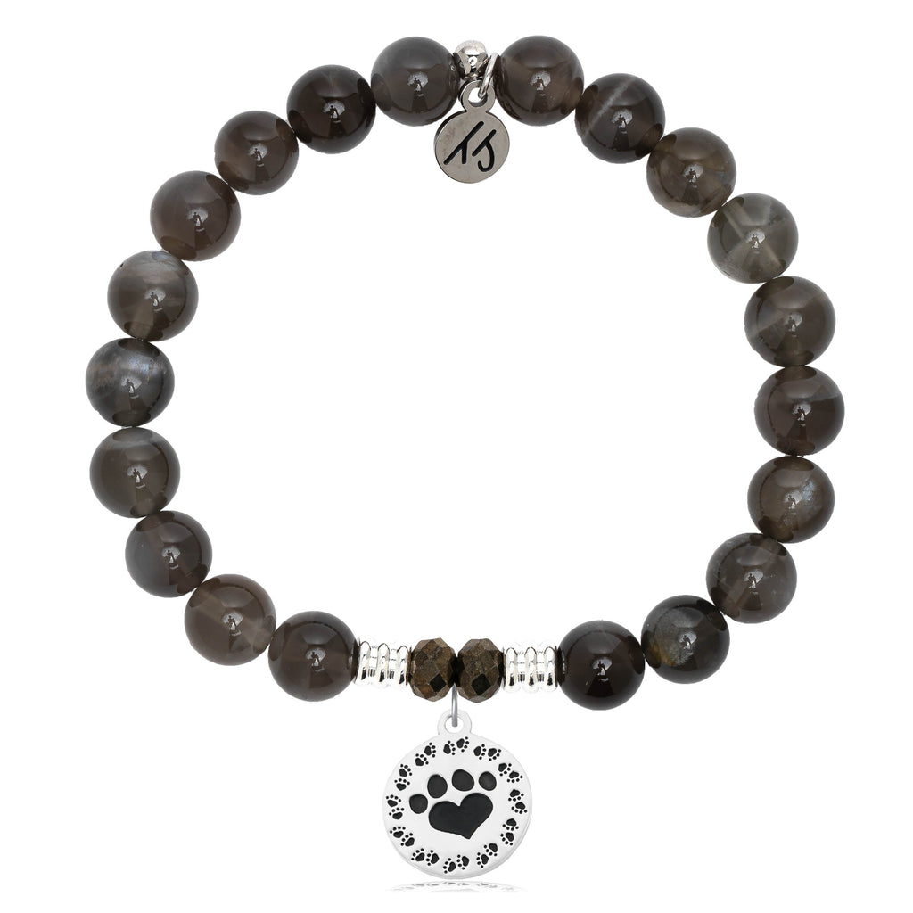Black Moonstone Stone Bracelet with Paw Print Sterling Silver Charm