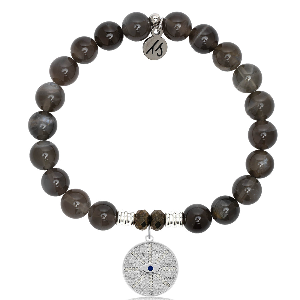 Black Moonstone Stone Bracelet with Protection Sterling Silver Charm