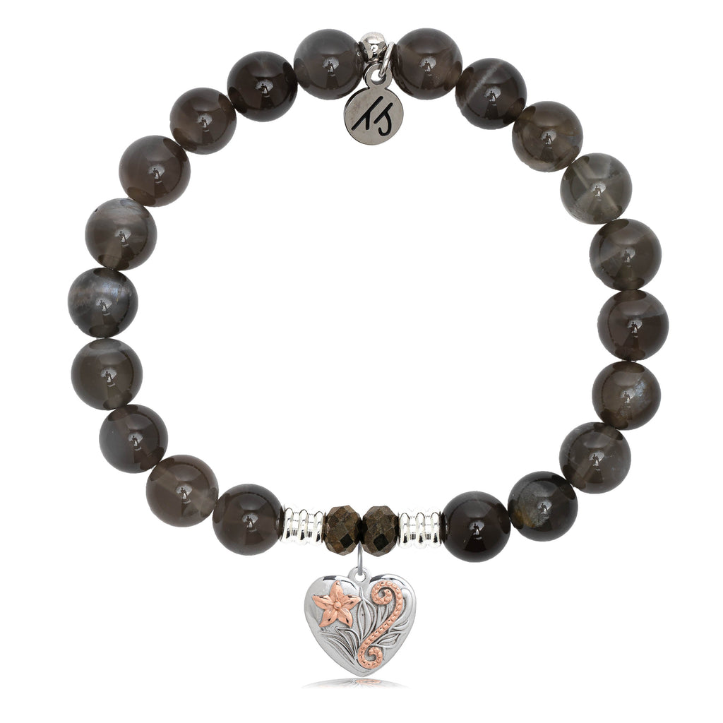 Black Moonstone Stone Bracelet with Renewal Heart Sterling Silver Charm