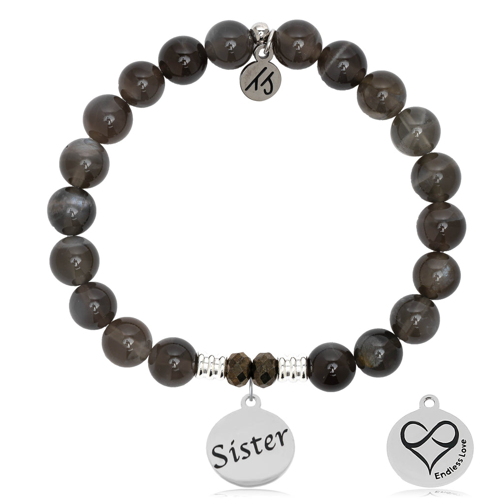Black Moonstone Stone Bracelet with Sister Sterling Silver Charm