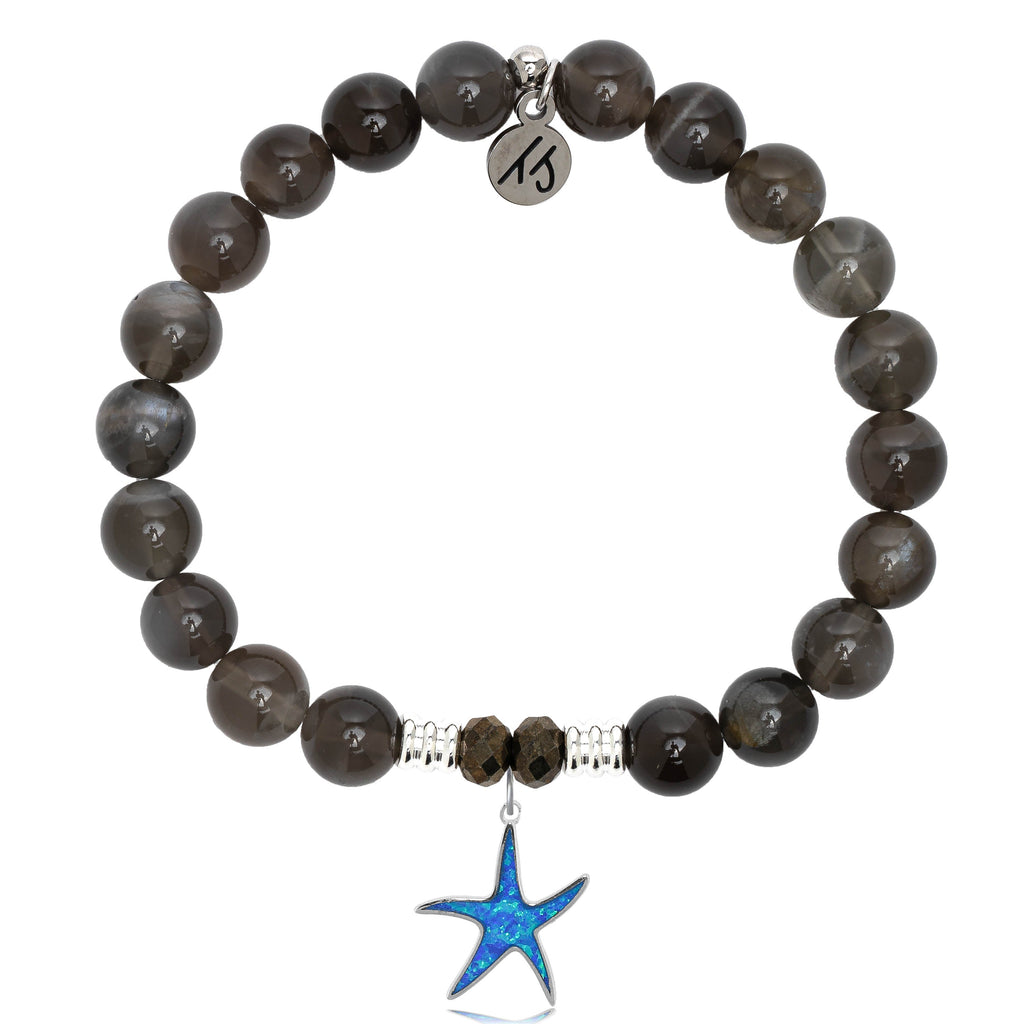 Black Moonstone Stone Bracelet with Star of the Sea Sterling Silver Charm