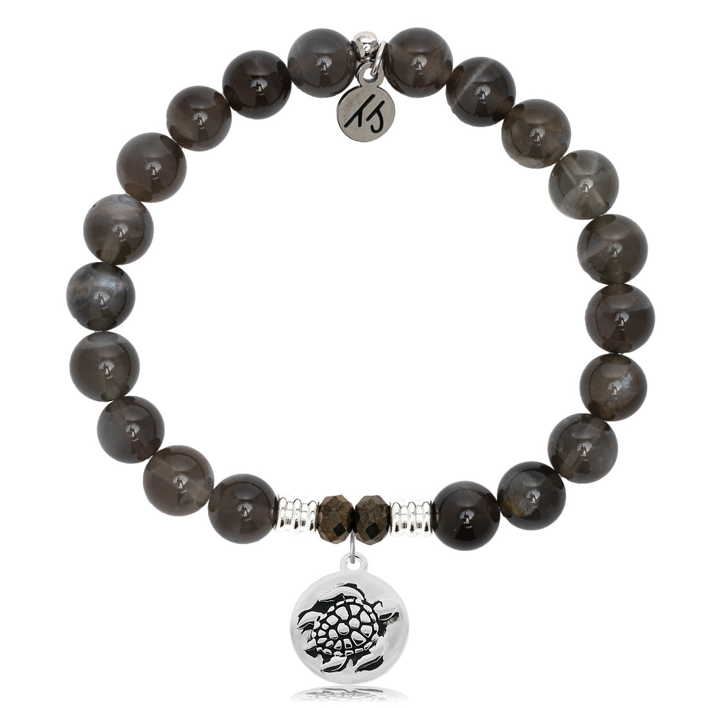 Black Moonstone Stone Bracelet with Turtle Sterling Silver Charm