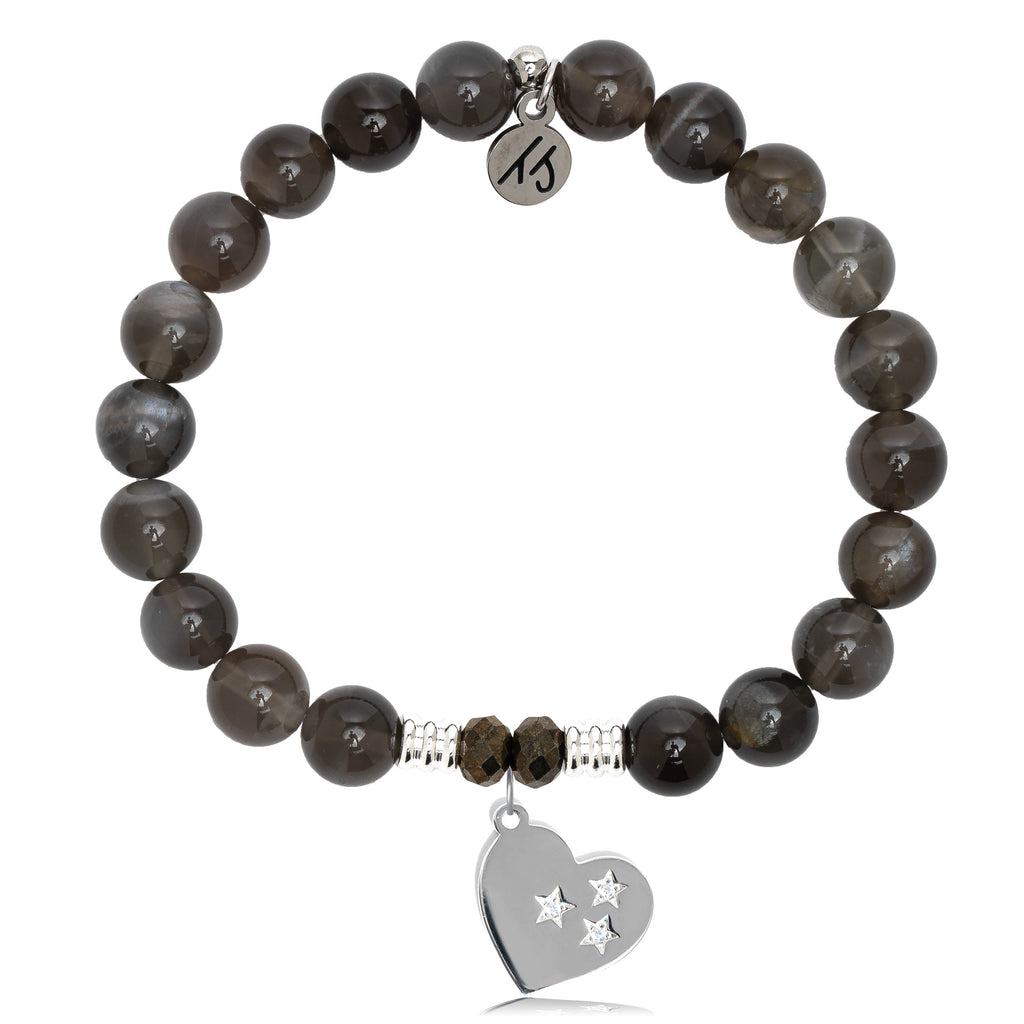 Black Moonstone Stone Bracelet with Wishing Heart Sterling Silver Charm