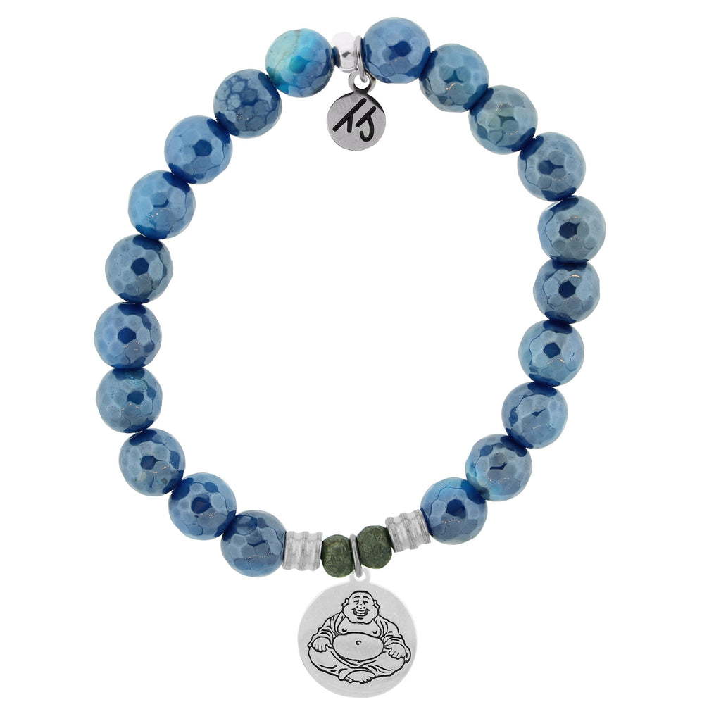 Blue Agate Stone Bracelet with Happy Buddha Sterling Silver Charm