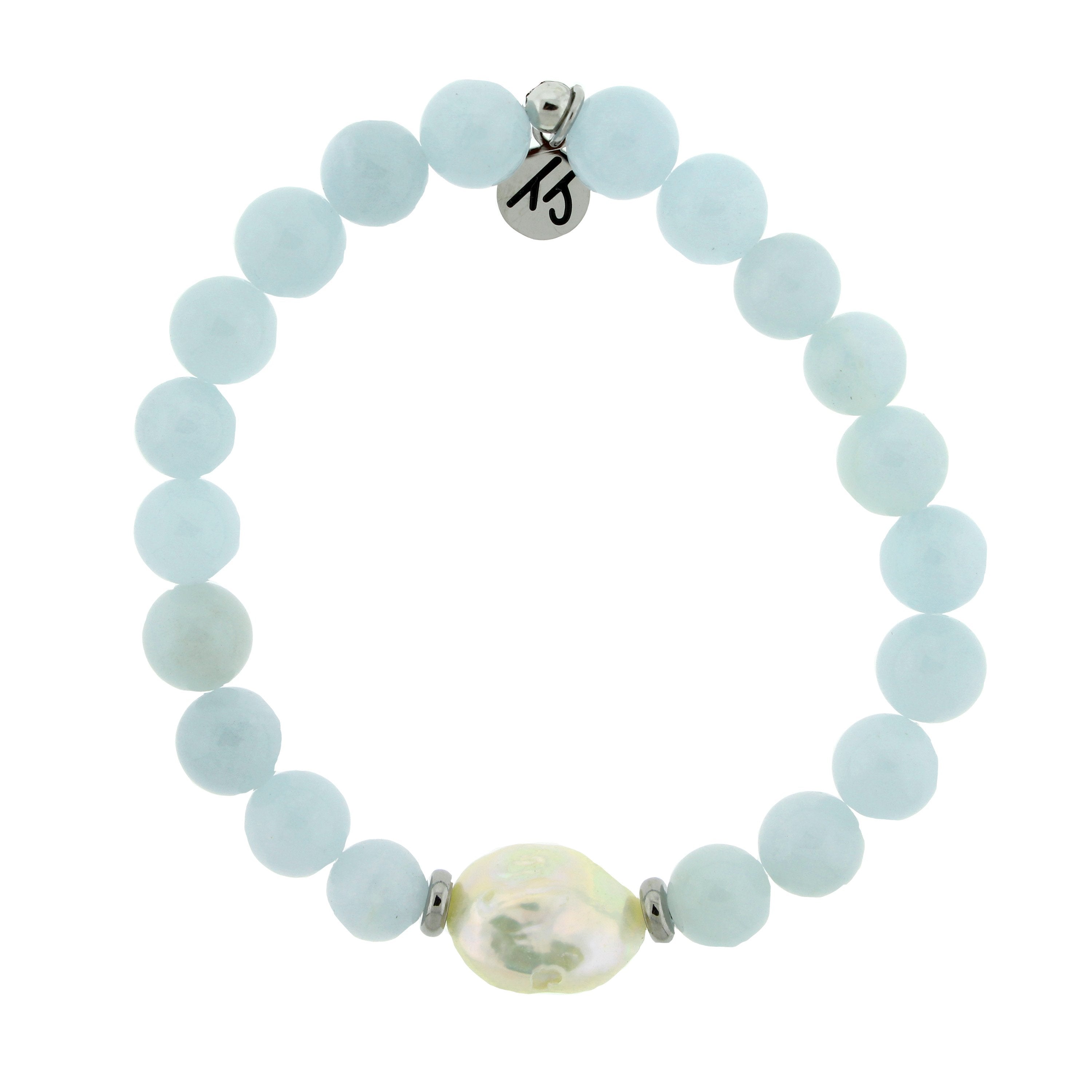 Blue Aquamarine Gemstone with Pearl Coin Stacker Bracelet