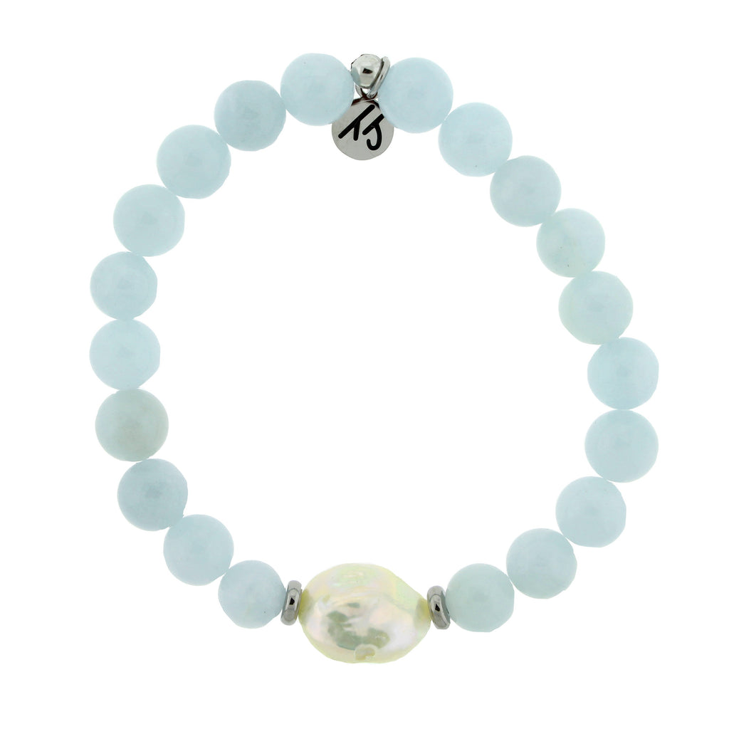 Blue Aquamarine Gemstone with Pearl Coin Stacker Bracelet