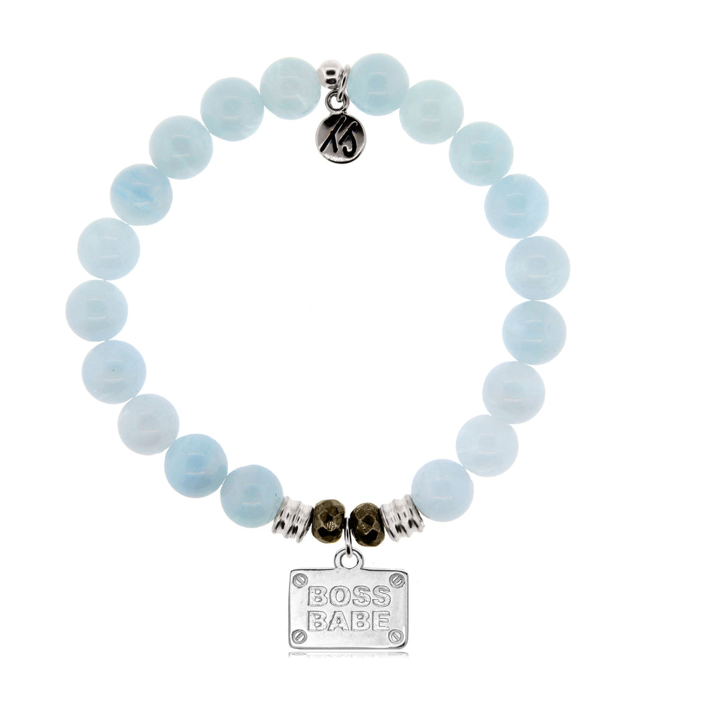 Blue Aquamarine Stone Bracelet with Boss Babe Sterling Silver Charm