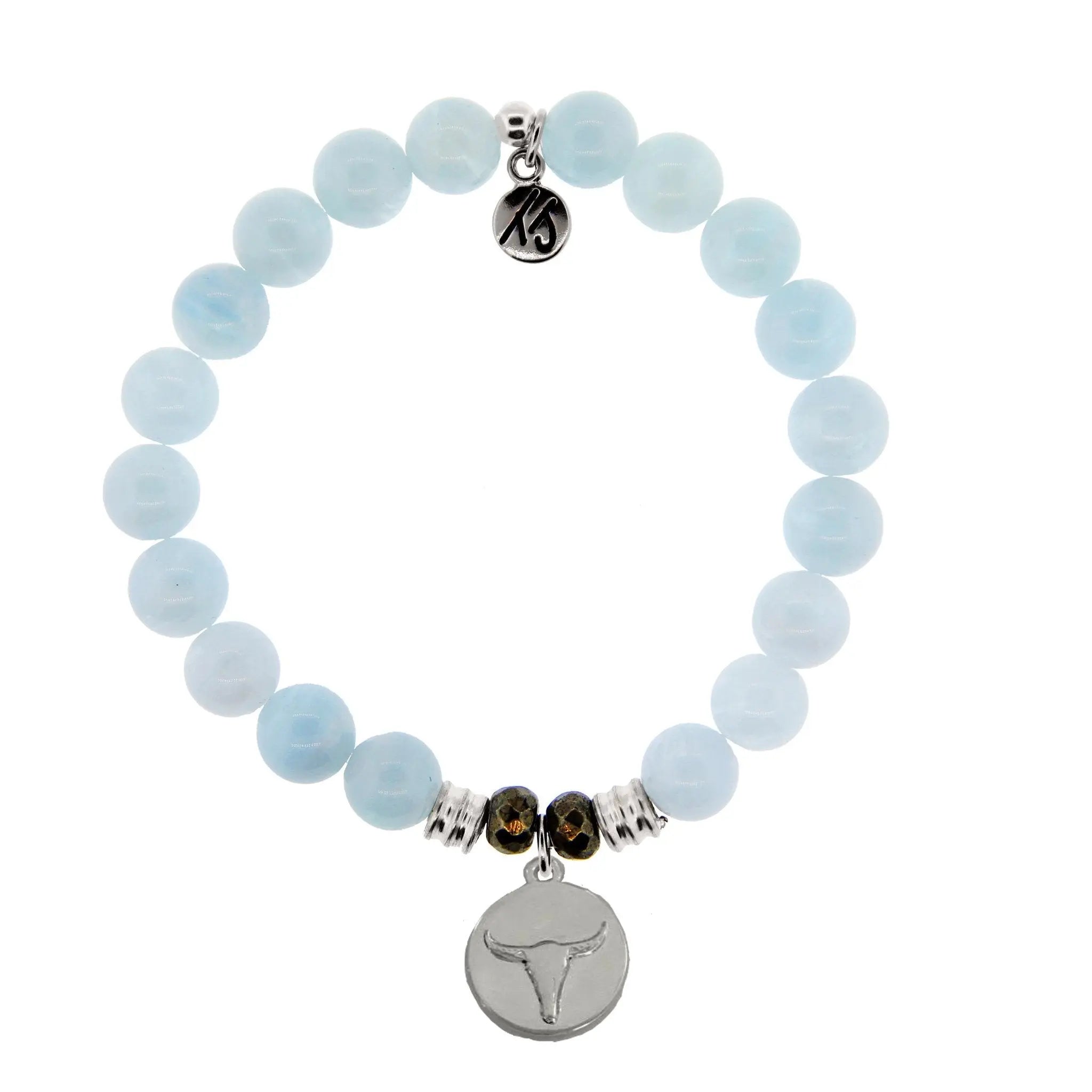 Blue Aquamarine Gemstone Bracelet with Bull Sterling Silver Charm Tiffany Jazelle