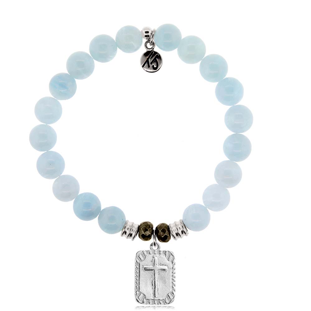 Blue Aquamarine Stone Bracelet with Cross Rectangle Sterling Silver Charm