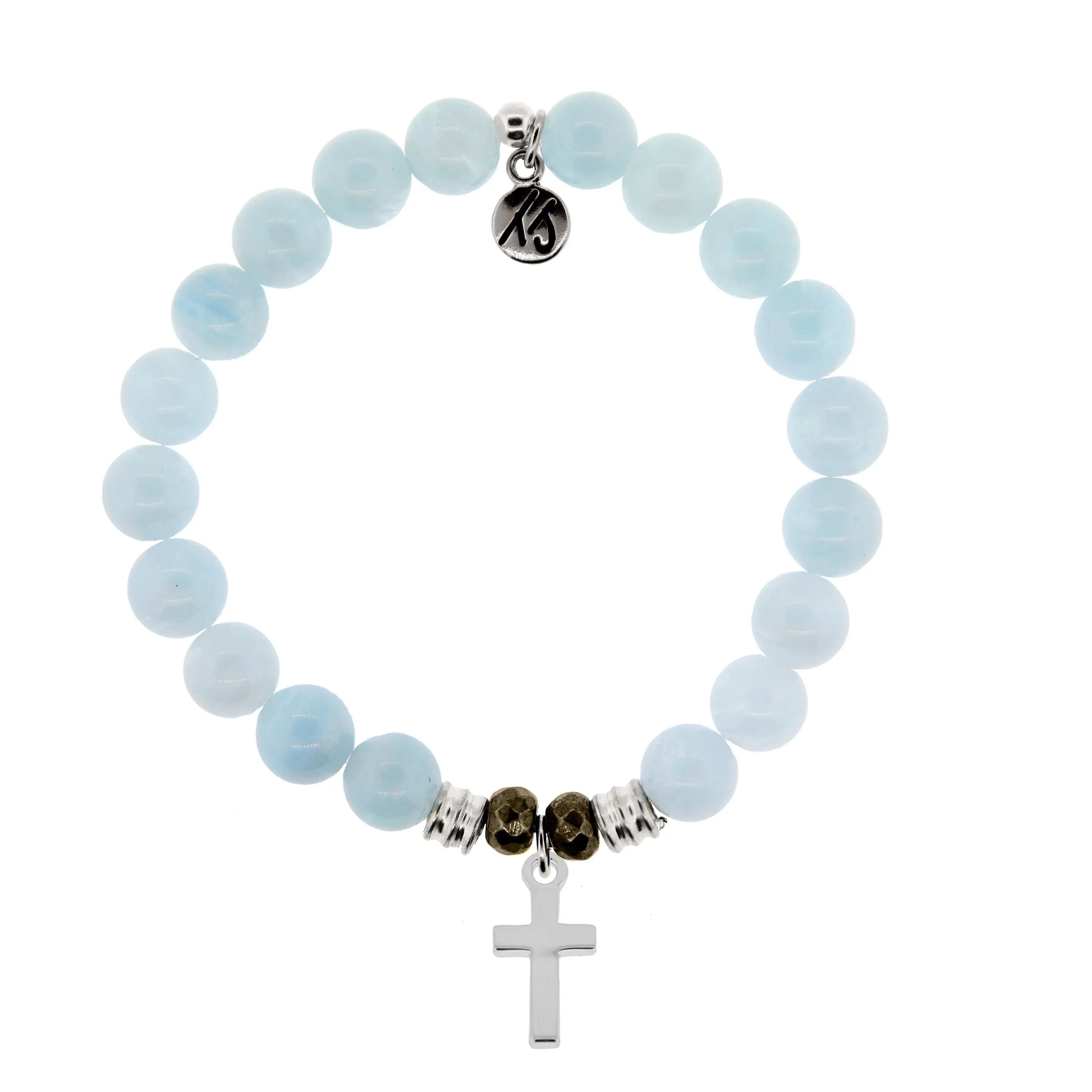 Blue Aquamarine Gemstone Bracelet with Cross Sterling Silver Charm Tiffany Jazelle