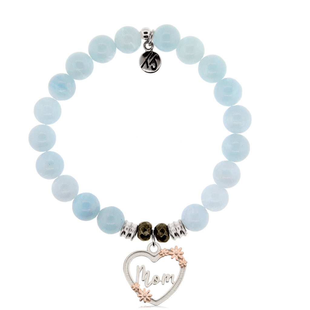 Blue Aquamarine Stone Bracelet with Heart Mom Sterling Silver Charm