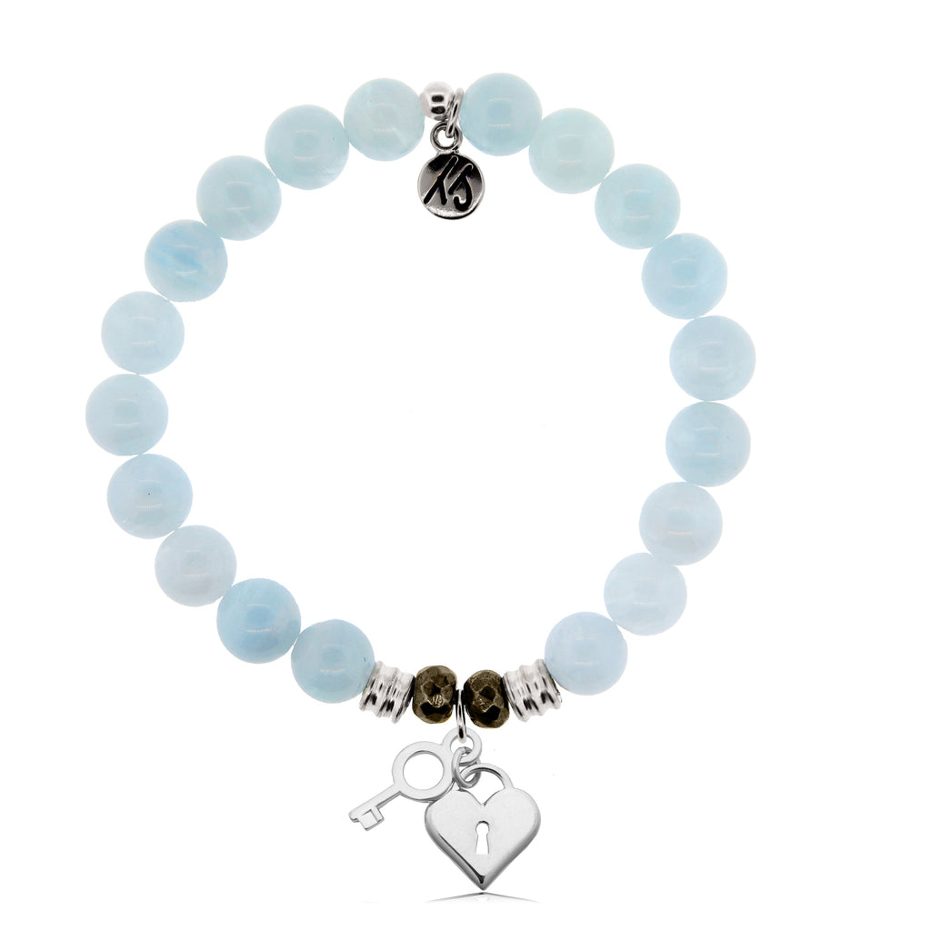 Blue Aquamarine Stone Bracelet with Key to my Heart Sterling Silver Charm