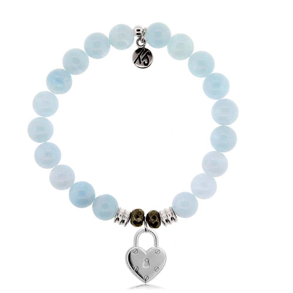 Blue Aquamarine Stone Bracelet with Love Lock Sterling Silver Charm