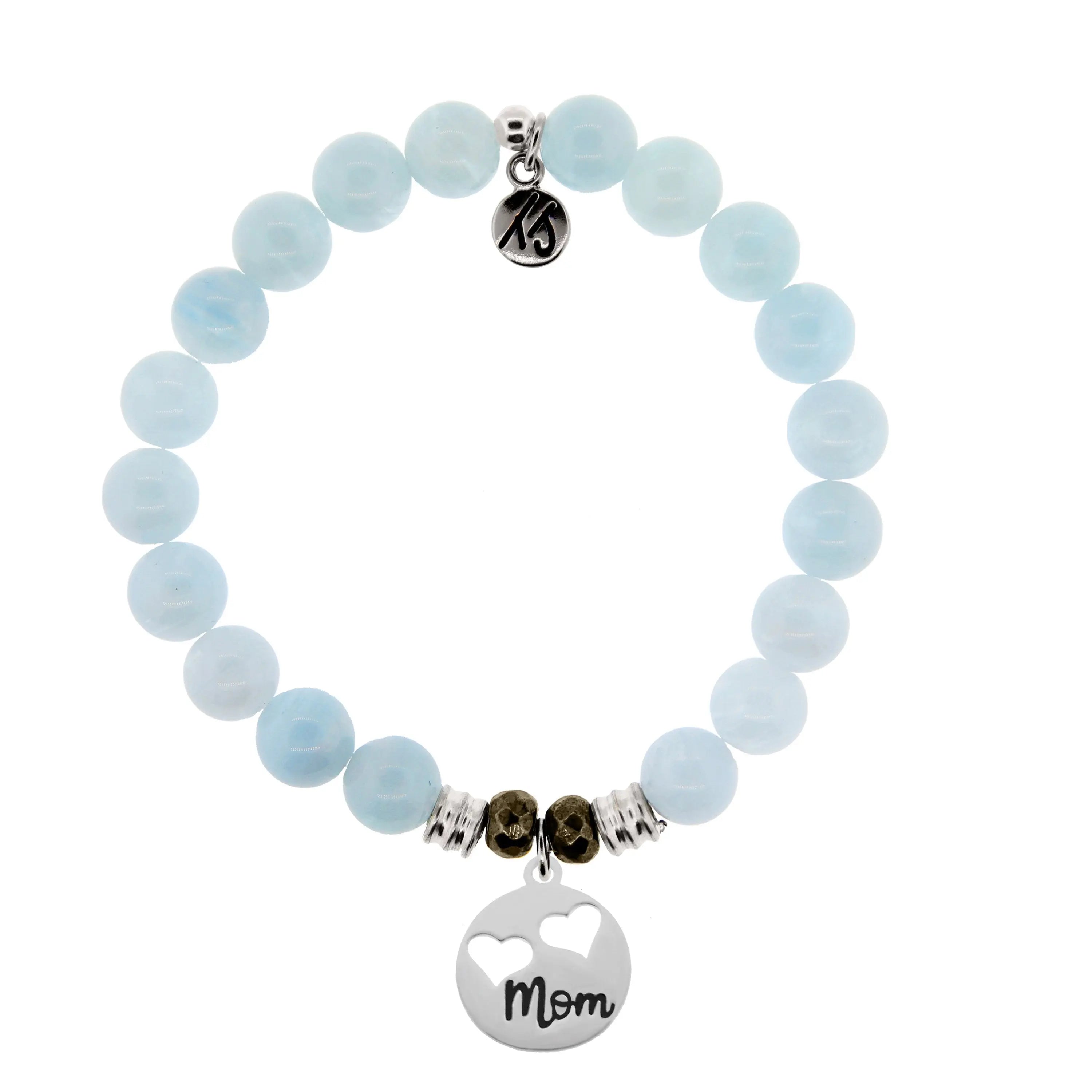 Blue Aquamarine Gemstone Bracelet with Mom Hearts Sterling Silver Charm T. Jazelle