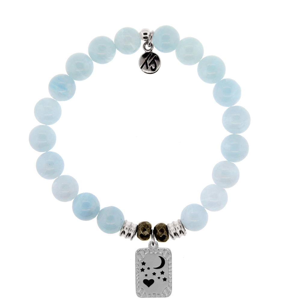 Blue Aquamarine Stone Bracelet with Moon and Back Sterling Silver Charm