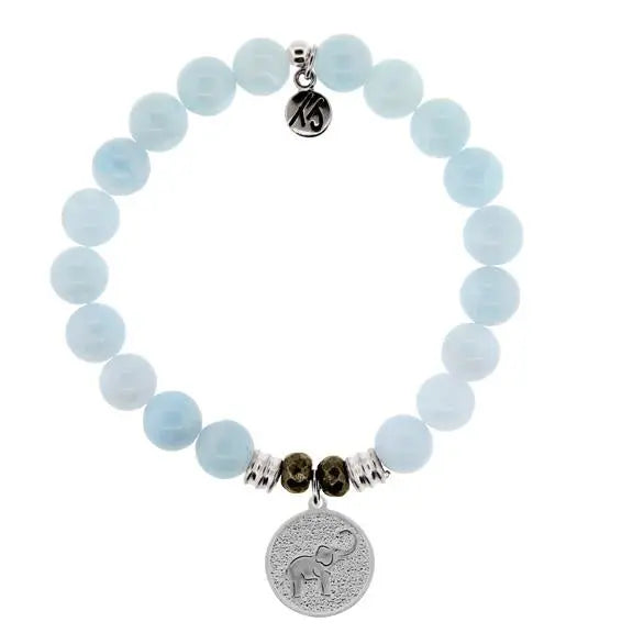 Blue Aquamarine Gemstone Bracelet with Lucky Elephant Sterling Silver Charm T. Jazelle