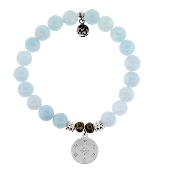 Blue Aquamarine Stone Bracelet with Prayer Sterling Silver Charm
