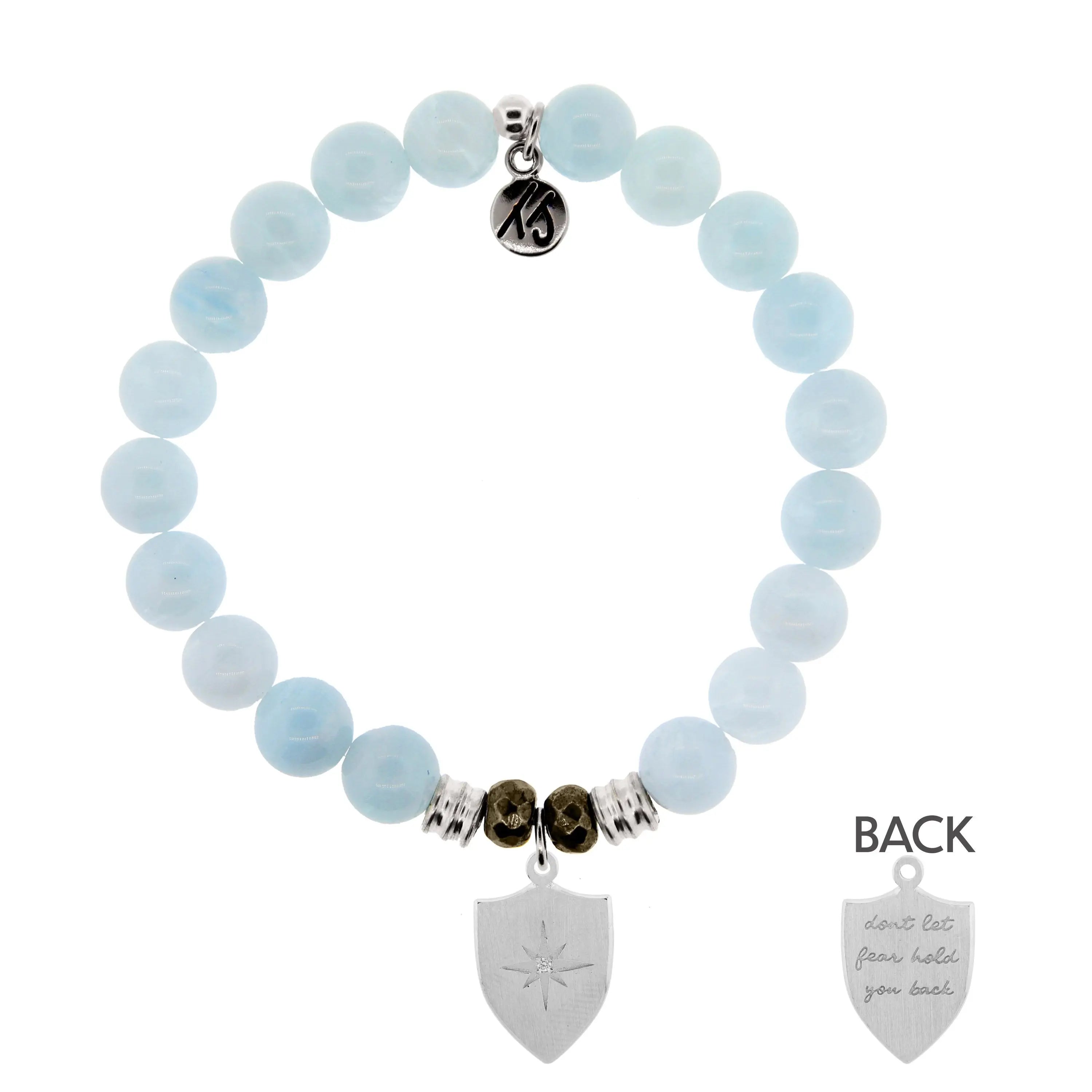 Blue Aquamarine Gemstone Bracelet with Strength Shield Sterling Silver Charm Tiffany Jazelle