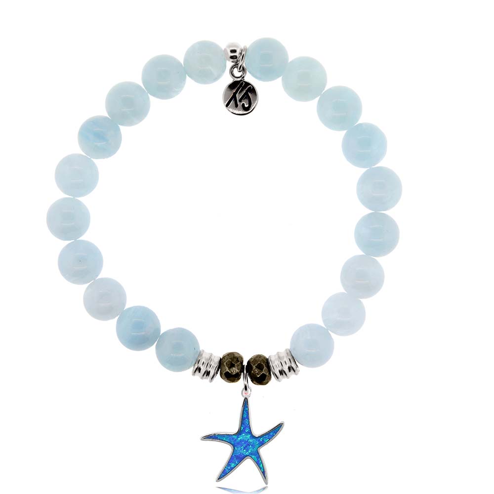 Blue Aquamarine Stone Bracelet with Star of the Sea Sterling Silver Charm