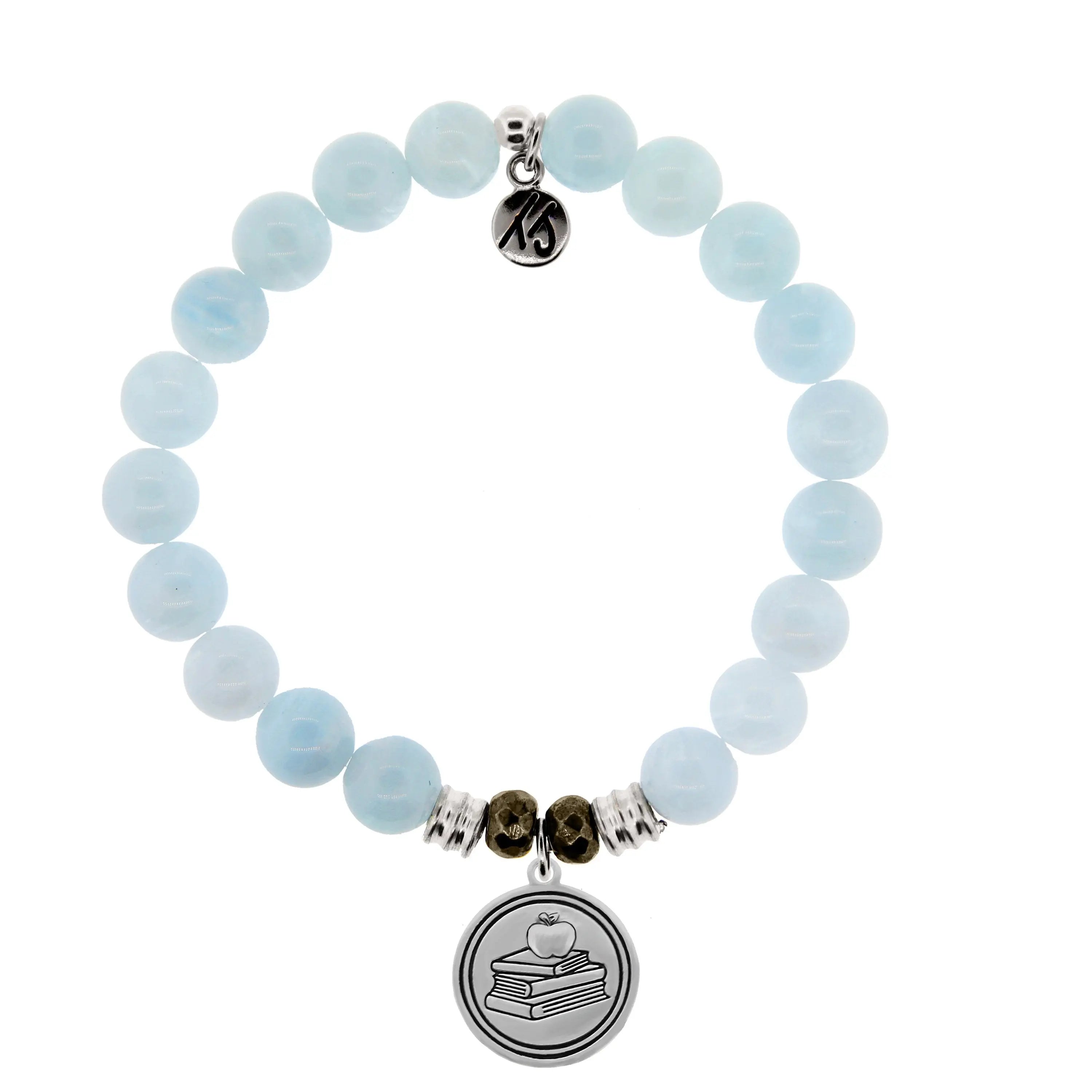 Blue Aquamarine Gemstone Bracelet with Teacher Sterling Silver Charm T. Jazelle