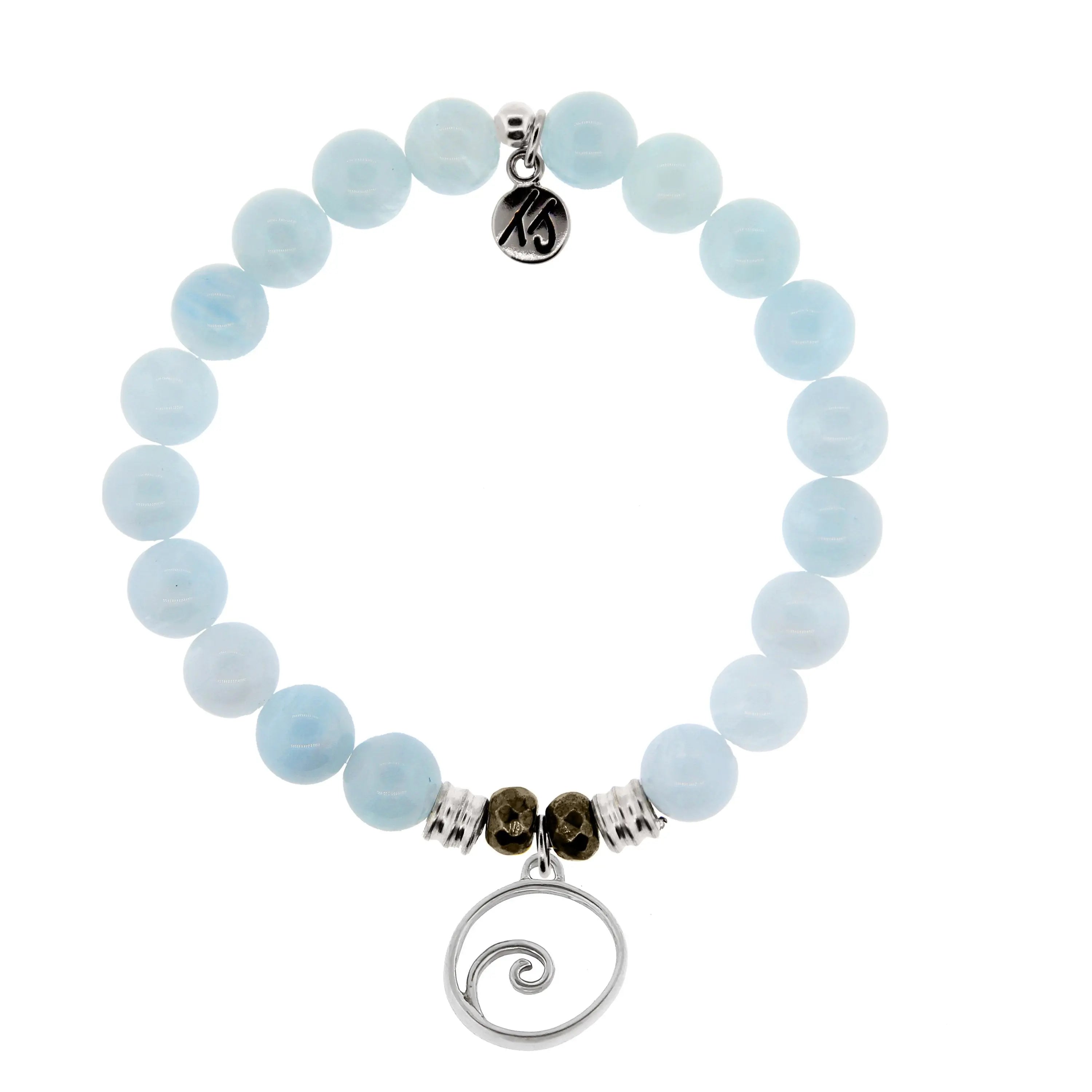 Blue Aquamarine Gemstone Bracelet with Wave Sterling Silver Charm Tiffany Jazelle