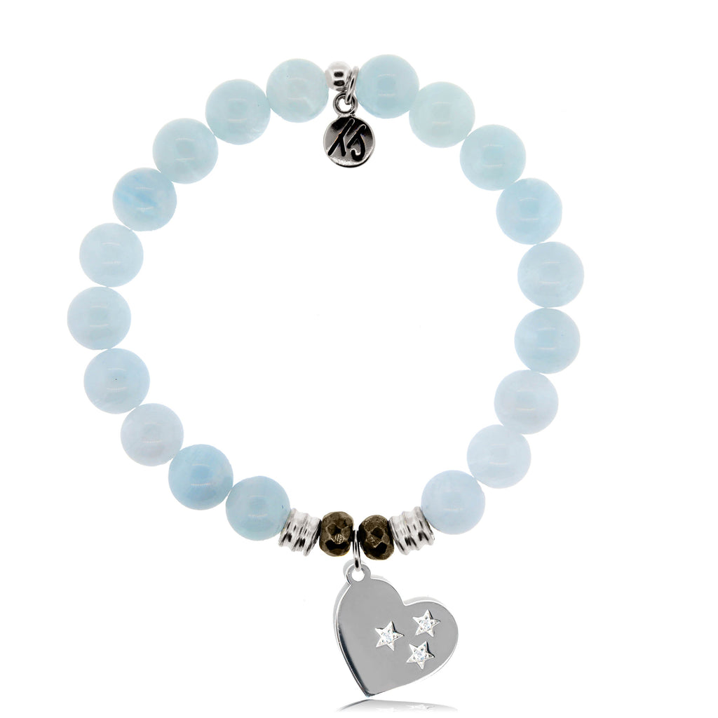Blue Aquamarine Stone Bracelet with Wishing Heart Sterling Silver Charm