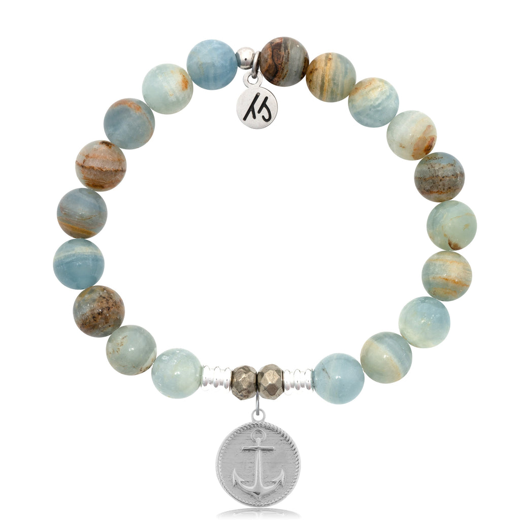 Blue Calcite Stone Bracelet with Anchor Sterling Silver Charm