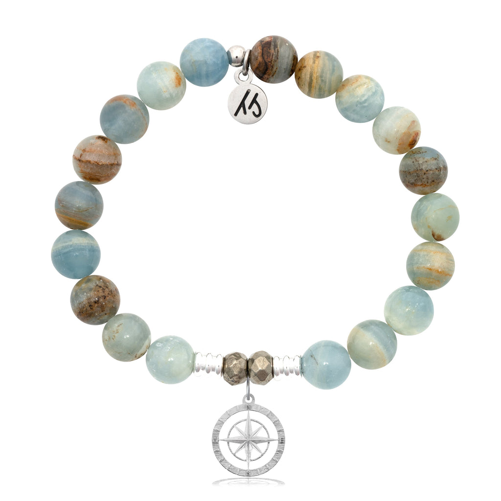 Blue Calcite Stone Bracelet with Compass Rose Sterling Silver Charm