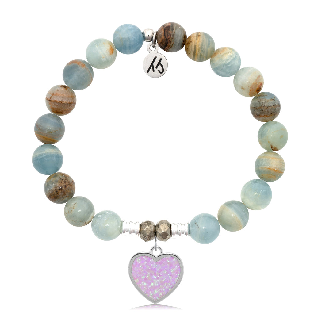Blue Calcite Stone Bracelet with Pink Opal Heart Sterling Silver Charm