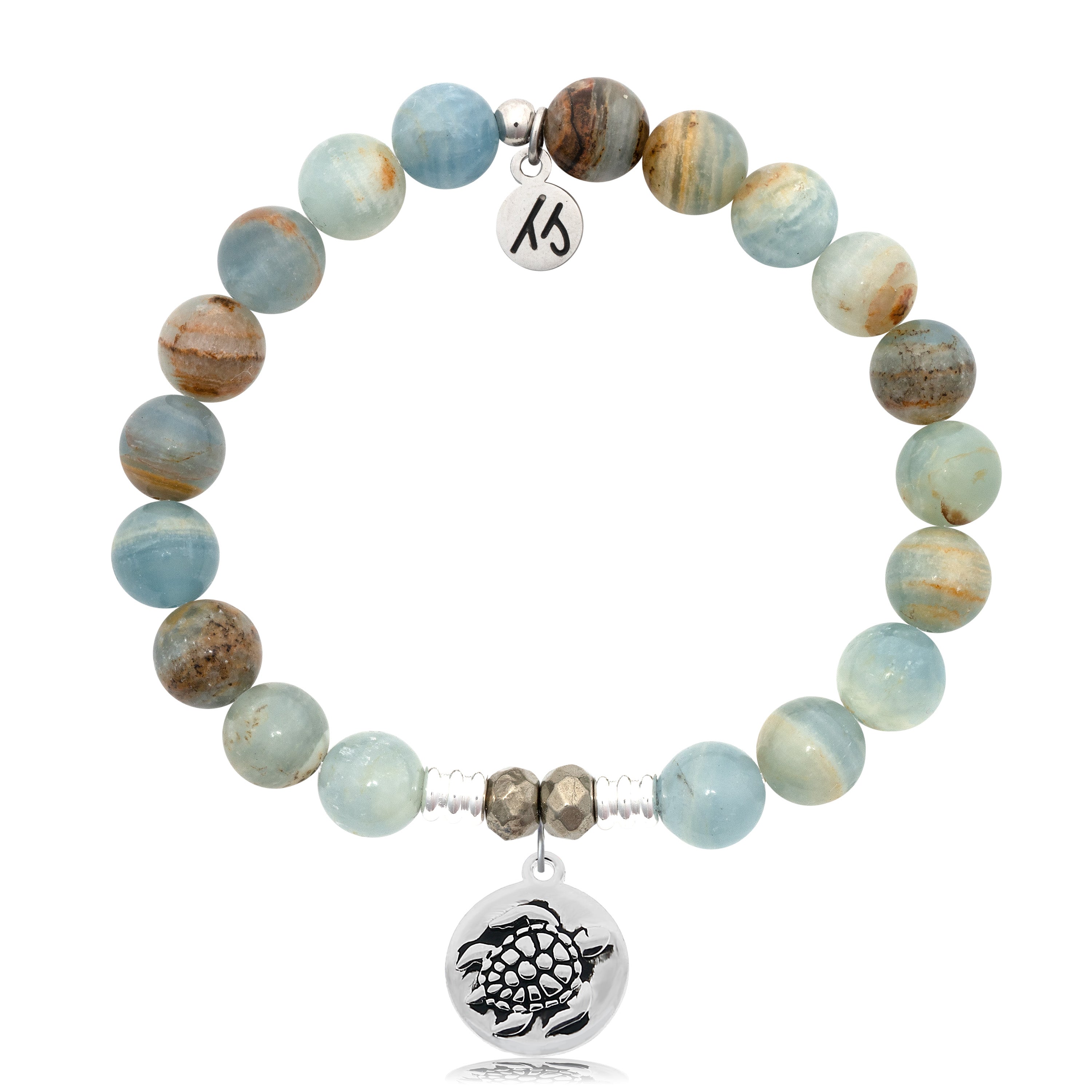 Blue Calcite Stone Bracelet with Turtle Sterling Silver Charm