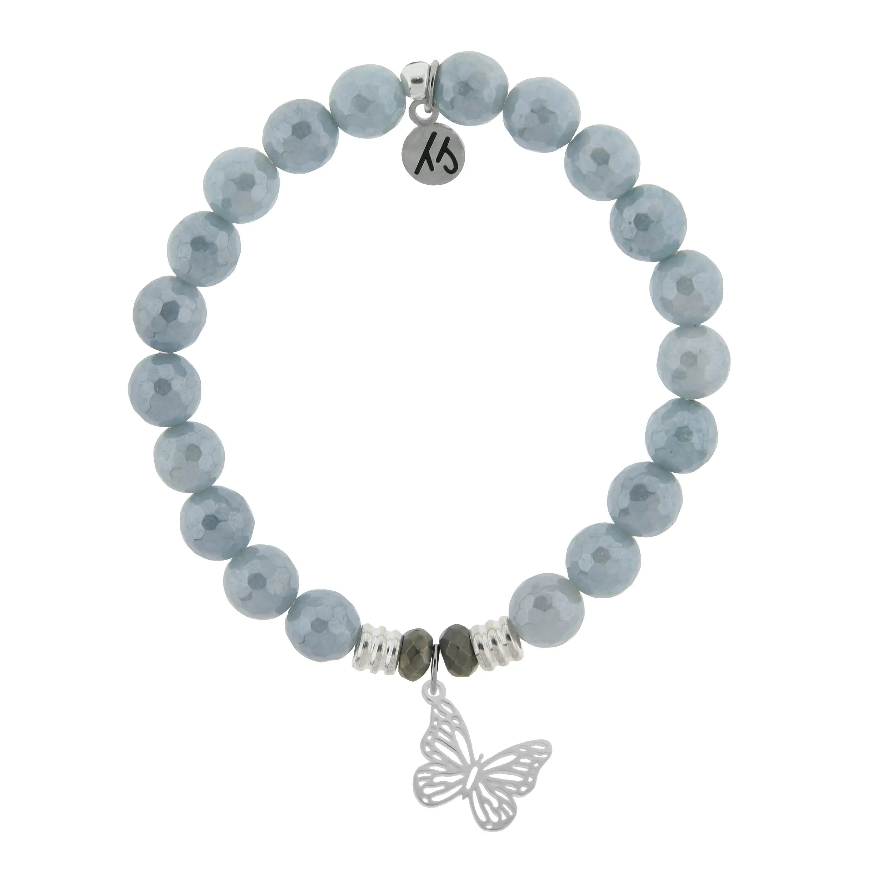 Blue Quartzite Gemstone Bracelet with Butterfly Cutout Sterling Silver Charm Tiffany Jazelle