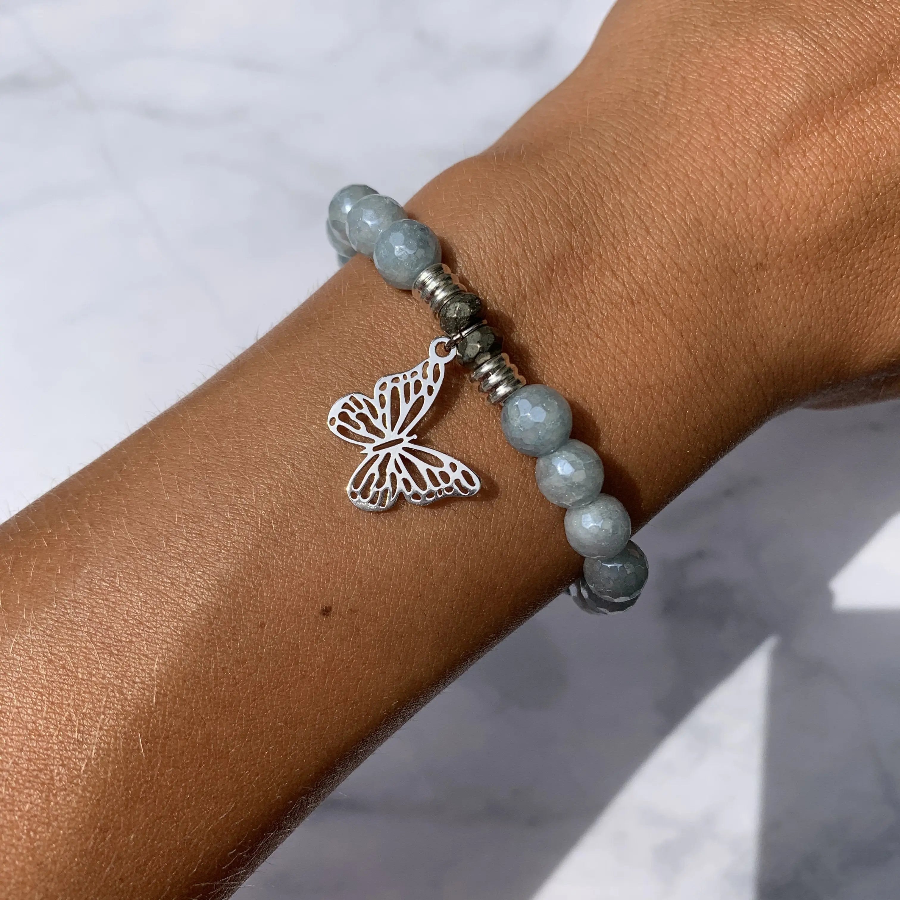 Blue Quartzite Gemstone Bracelet with Butterfly Cutout Sterling Silver Charm Tiffany Jazelle