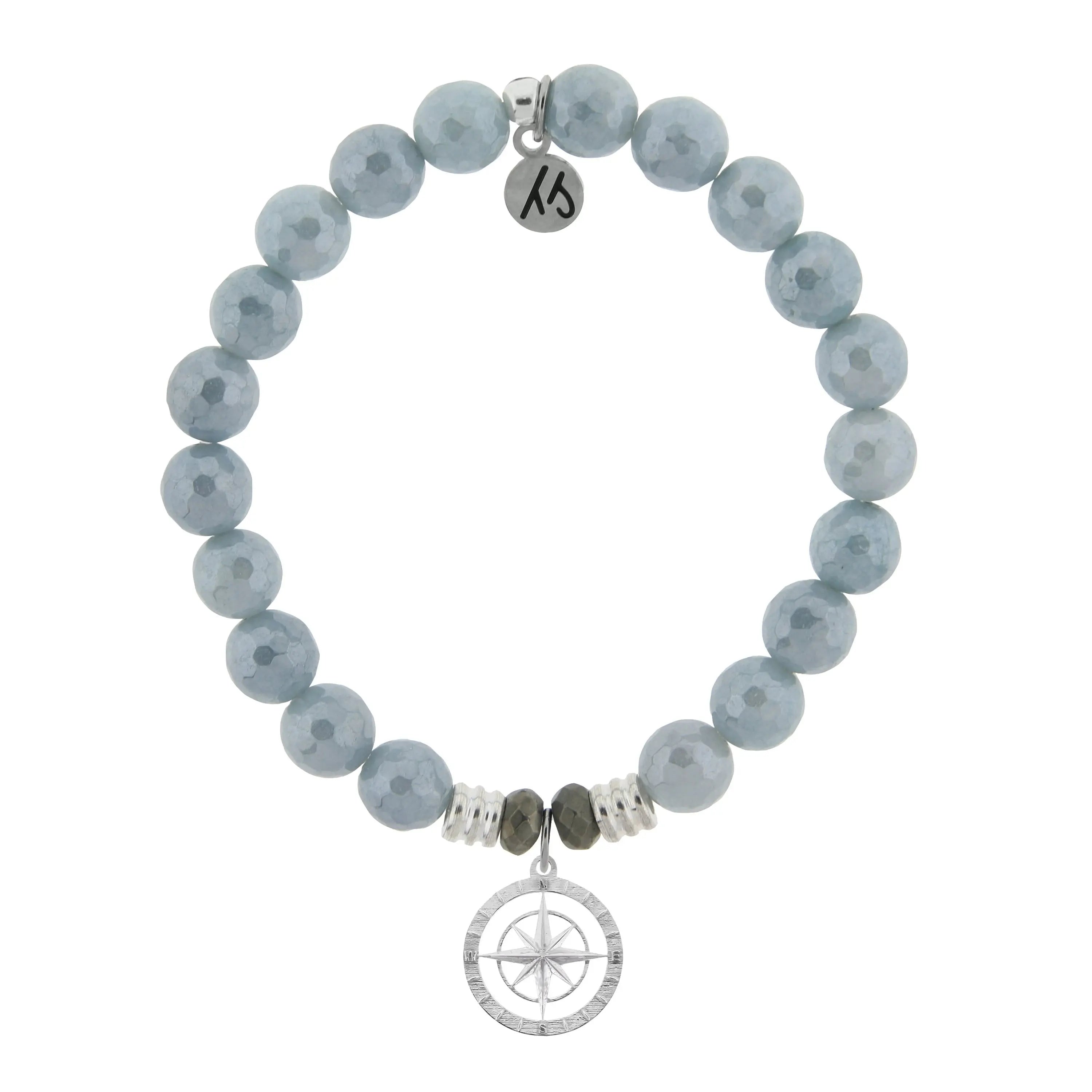 Blue Quartzite Gemstone Bracelet with Compass Rose Sterling Silver Charm Tiffany Jazelle