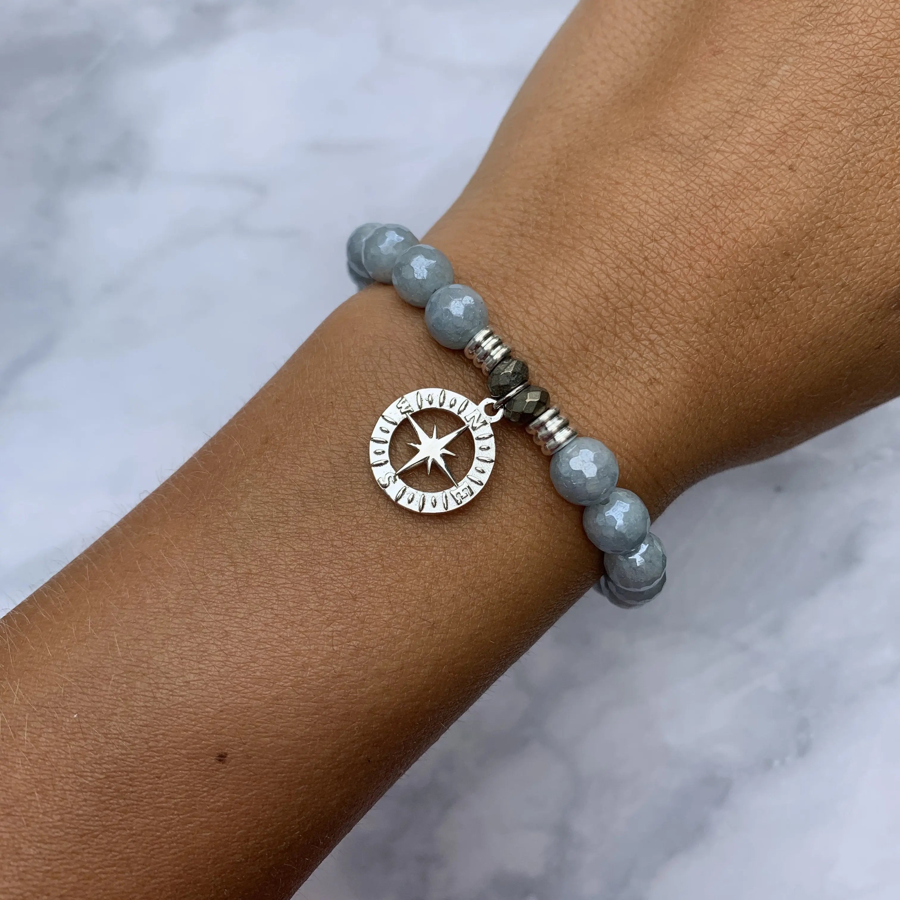 Blue Quartzite Gemstone Bracelet with Compass Rose Sterling Silver Charm Tiffany Jazelle
