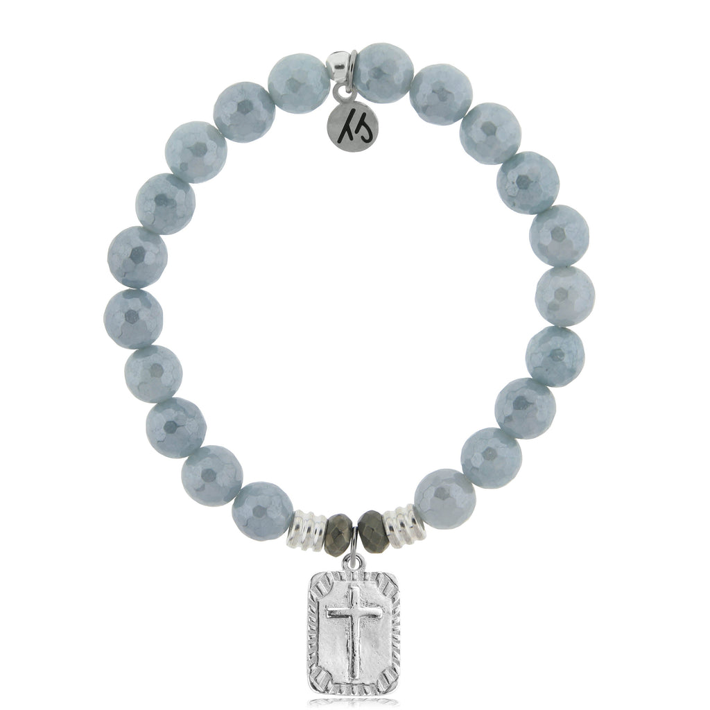 Blue Quartzite Stone Bracelet with Cross Rectangle Sterling Silver Charm
