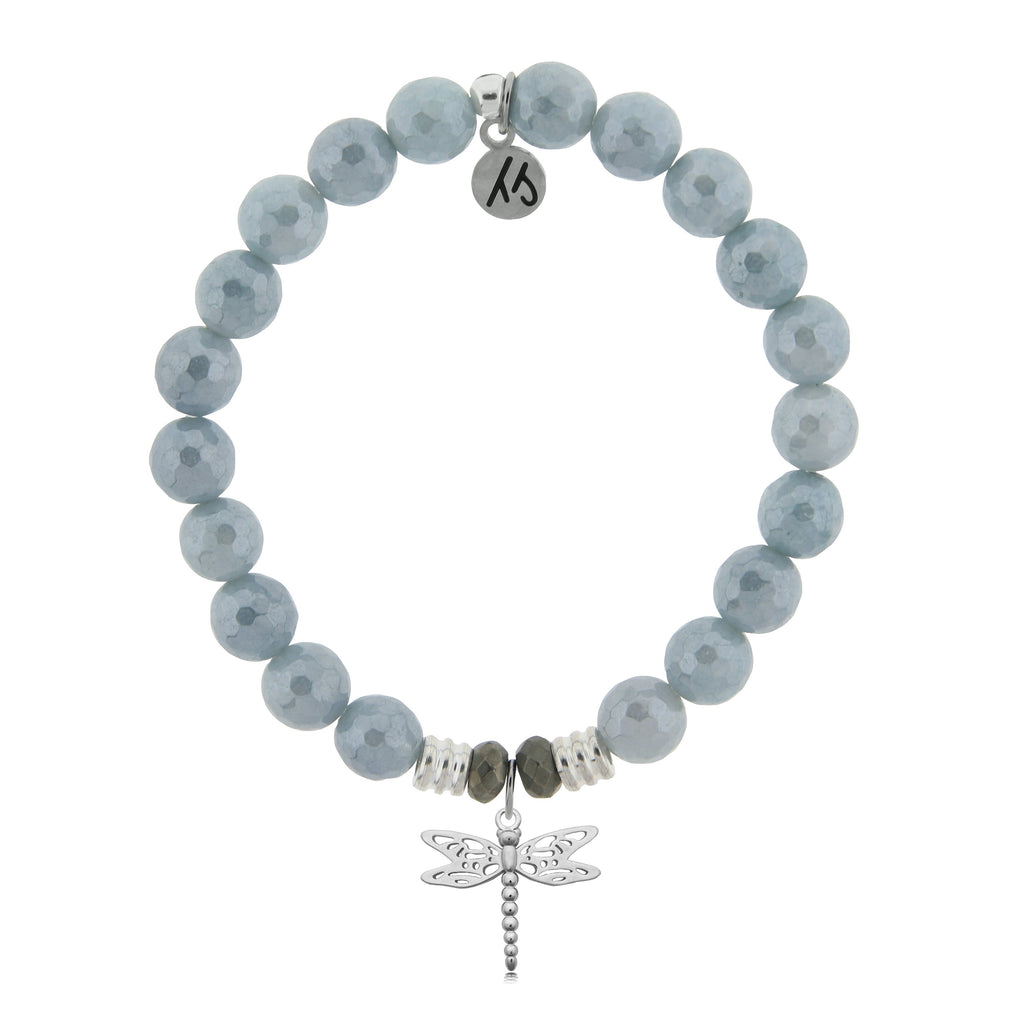 Blue Quartzite Stone Bracelet with Dragonfly Sterling Silver Charm