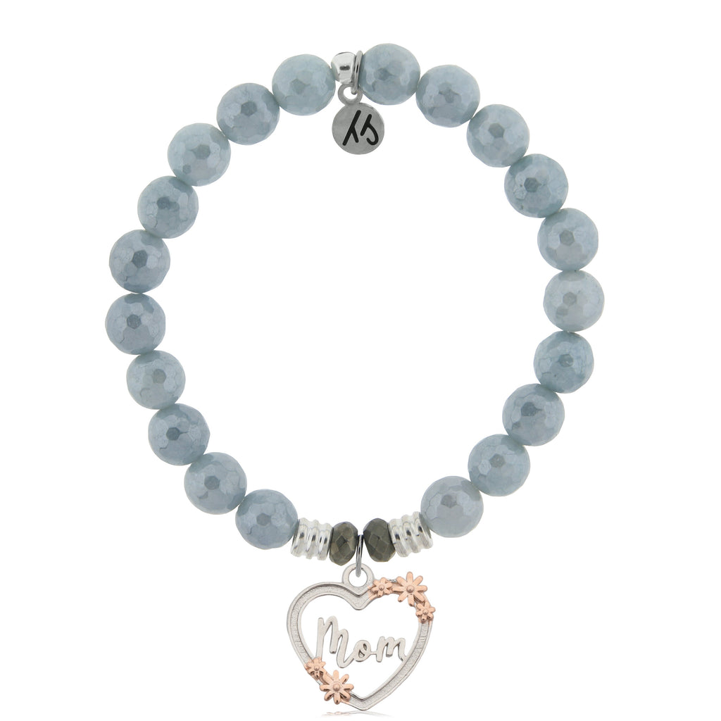 Blue Quartzite Stone Bracelet with Heart Mom Sterling Silver Charm