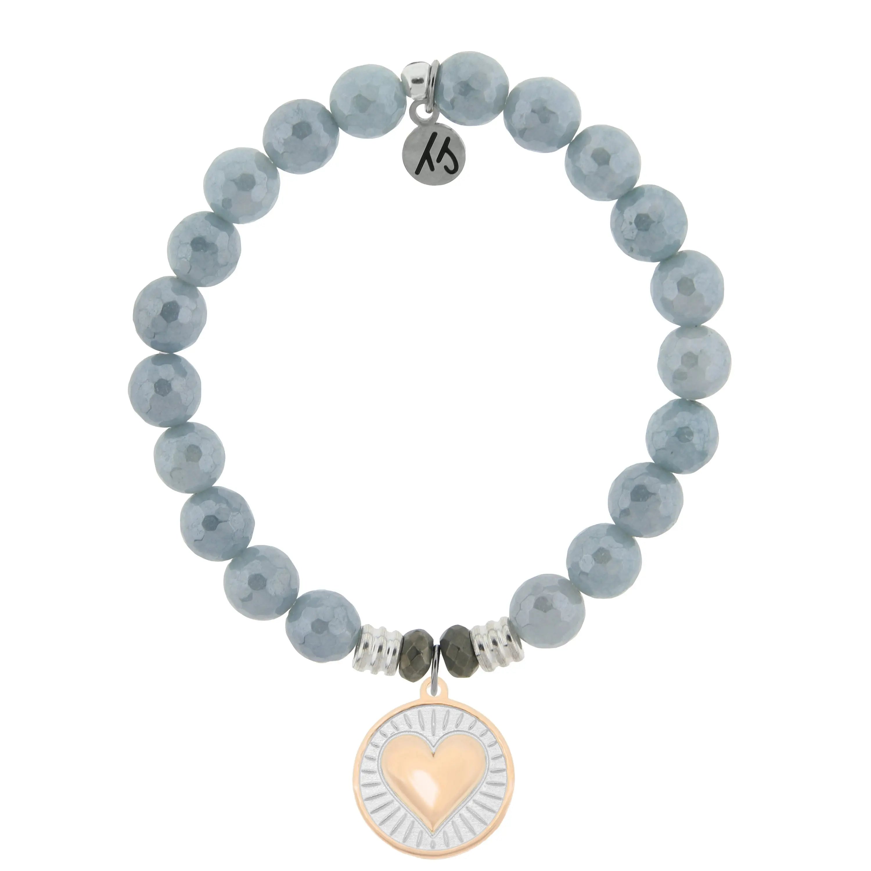 Blue Quartzite Gemstone Bracelet with Heart of Gold Sterling Silver Charm Tiffany Jazelle