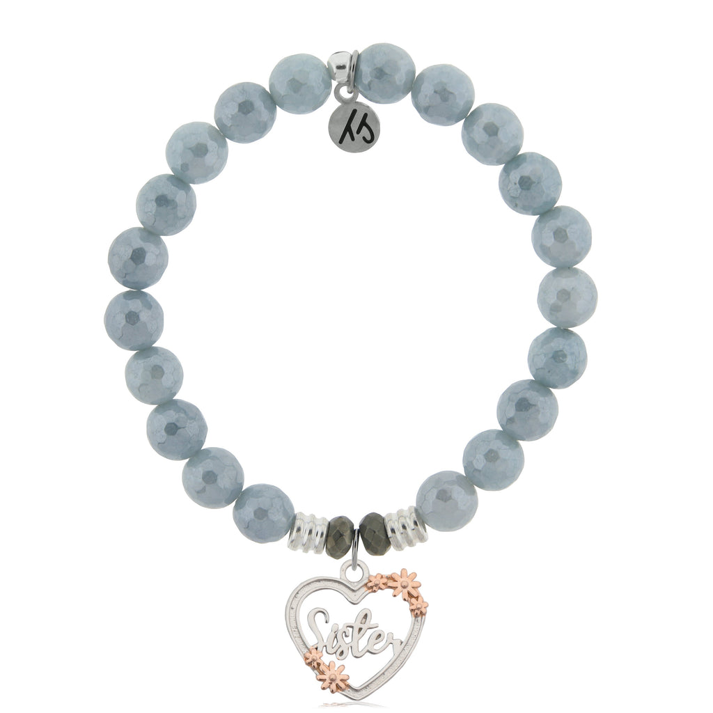 Blue Quartzite Stone Bracelet with Heart Sister Sterling Silver Charm